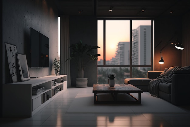 Una sala de estar con televisión y una ventana grande que dice "casa"
