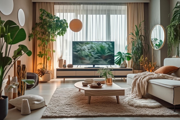 Una sala de estar con televisión y una ventana con plantas.