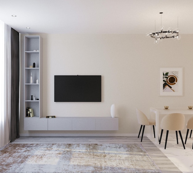 Foto una sala de estar con un televisor en la pared y una mesa con un jarrón encima.