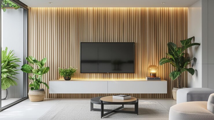 una sala de estar con un televisor y una planta en la pared