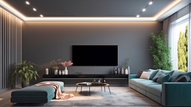 Sala de estar con TV grande en la pared de la habitación de estilo moderno Elegante sala de estar de lujo con pantalla de TV grande