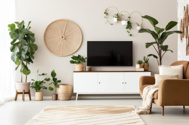 Una sala de estar con tv y plantas en la pared.