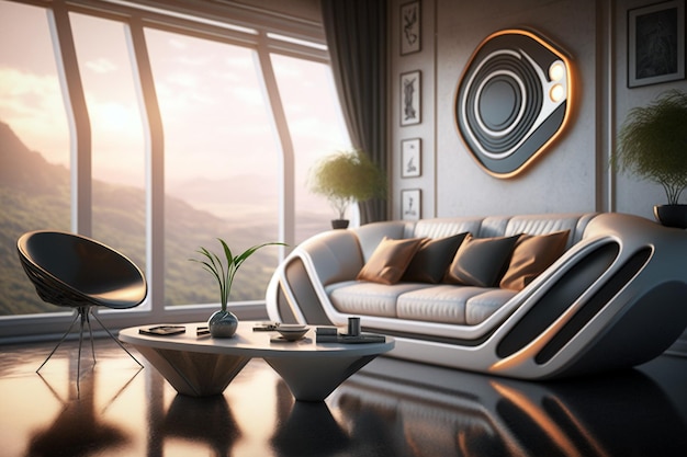 Sala de estar ultra moderna con sofá futurista y decoración de paredes Ilustración generativa ai