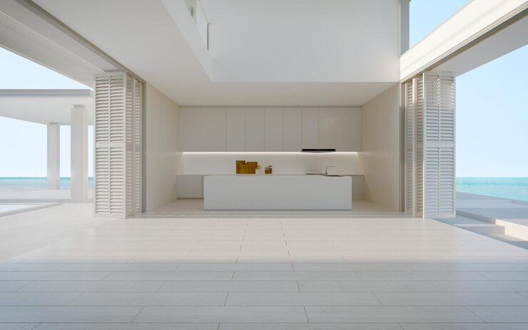 Sala de estar vacía blanca con fondo de vista al mar