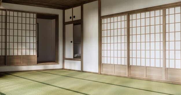 Foto sala de estar vacía diseño japonés con tapete de tatami en el suelo