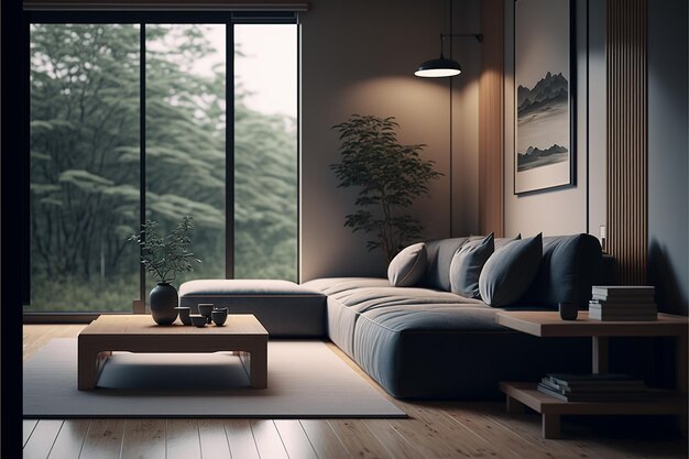 Una sala de estar con una ventana grande que tiene una imagen de una montaña y un árbol.