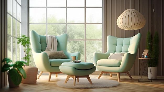 Una sala de estar con una ventana grande y una silla azul.