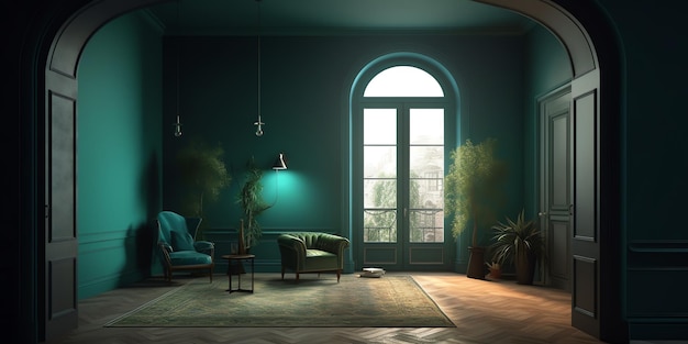 Una sala de estar con una ventana grande y una silla verde.