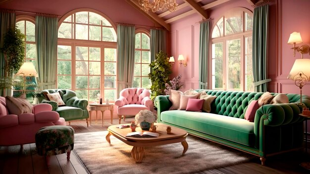 Foto una sala de estar con una ventana grande y un sofá verde con almohadas rosadas y una ventana grande con una lámpara de araña.