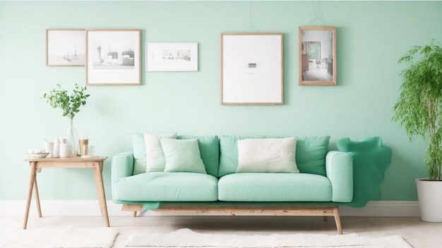 Una sala de estar verde claro con sofá