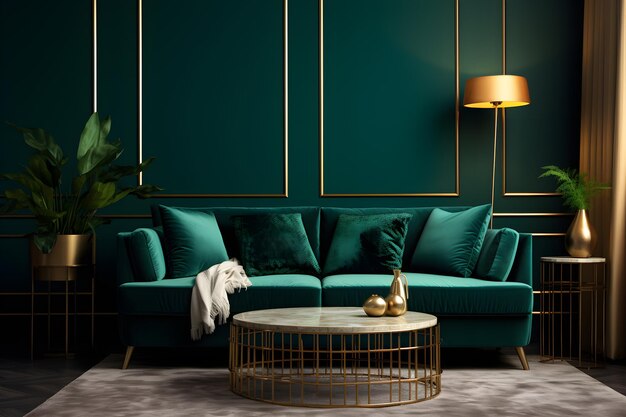 sala de estar verde con muebles de oro en el estilo de la atmósfera nostálgica ai generar