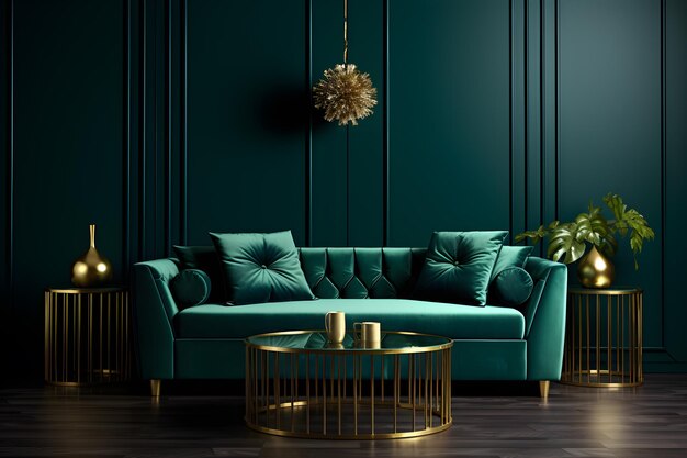 sala de estar verde con muebles de oro en el estilo de la atmósfera nostálgica ai generar