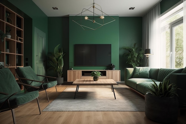 Una sala de estar verde con un sofá y una mesa de café.