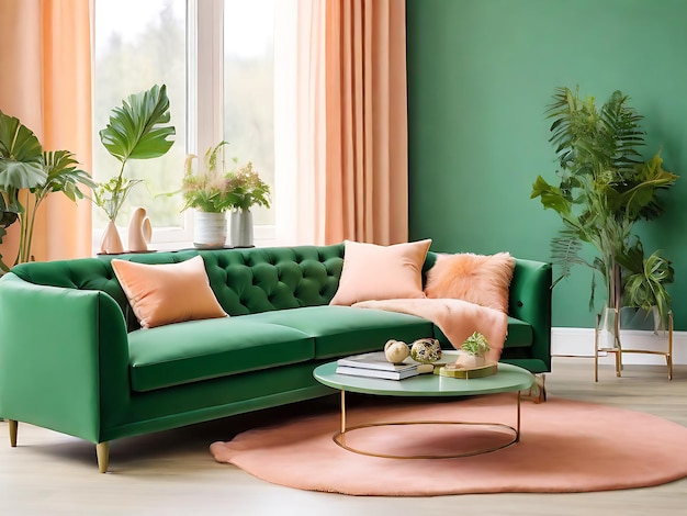 Sala de estar verde con sofá de terciopelo de color melocotón diseño interior elegante