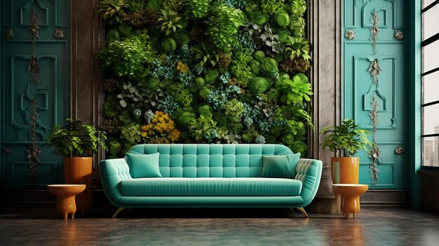 Sala de estar verde tranquilidad turquesa con un sofá de color turquesa