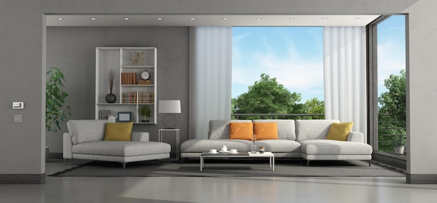 Sala de estar de una villa moderna con sofá y chaise lounge - 3D rendering