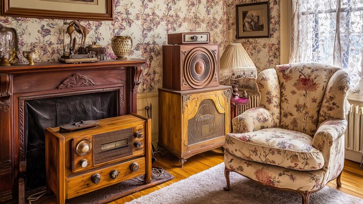 Sala de estar vintage con papel tapiz floral una chimenea una radio un sillón y una lámpara