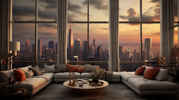 Una sala de estar con vista al horizonte de la ciudad.