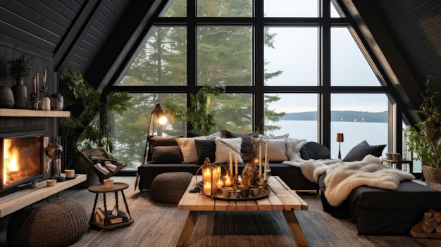 sala de estar con vista al lago