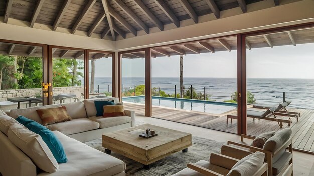 Sala de estar con vista al mar de una lujosa casa de verano en la playa con piscina y terraza de madera