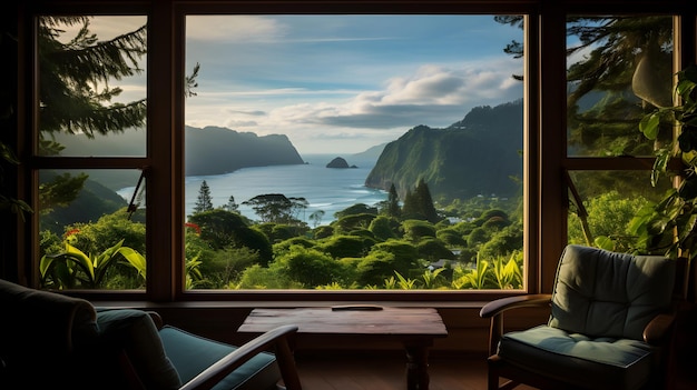 una sala de estar con vista al mar Ventana vista desde la ventana de casa