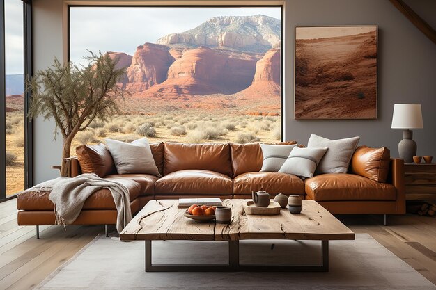 Sala de estar con vista al paisaje del desierto