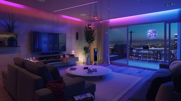 una sala de estar con una vista de una ciudad y una ciudad