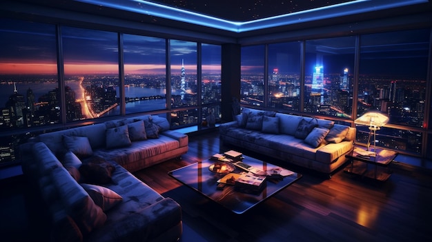 Una sala de estar con vista a la ciudad de noche.