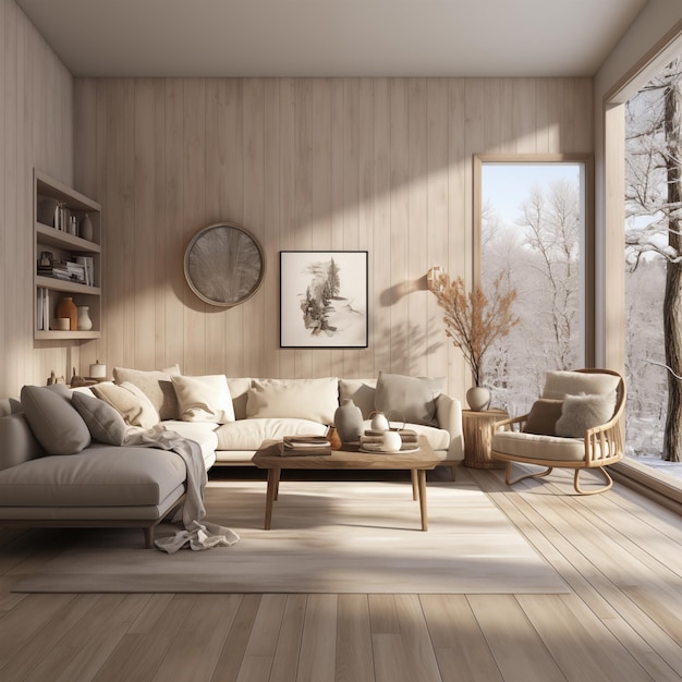 Una sala de estar con una vista frontal que contiene un amplio sofá y una ventana que cubre toda la pared