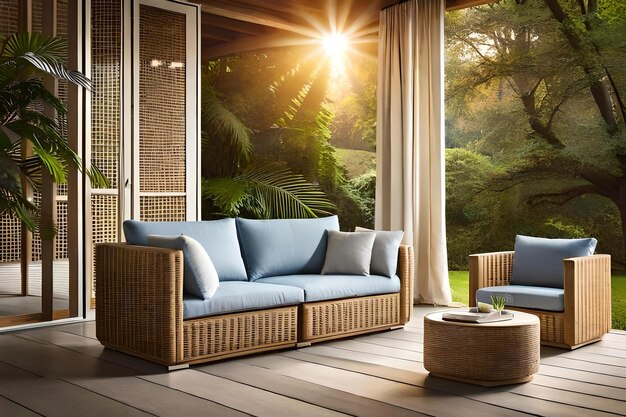 Una sala de estar con una vista iluminada por el sol.
