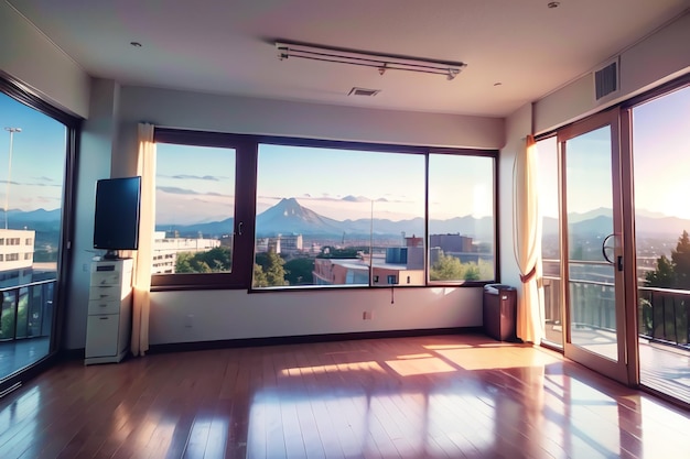 Foto una sala de estar con vista a una montaña y una ventana.