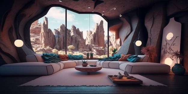 Una sala de estar con vista a las montañas de fondo.