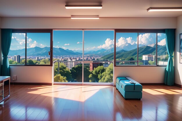 Foto una sala de estar con vista a las montañas y un sofá azul.