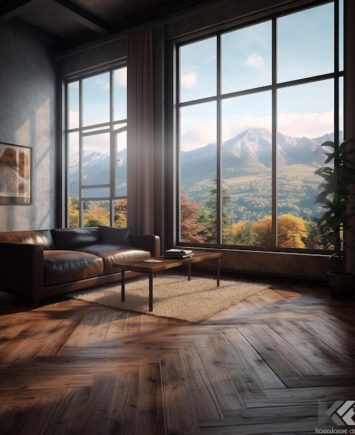 Una sala de estar con vista a las montañas y un sofá.