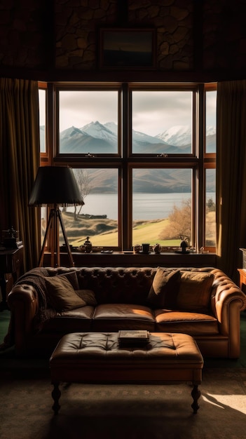 Una sala de estar con vista a las montañas y un sofá.