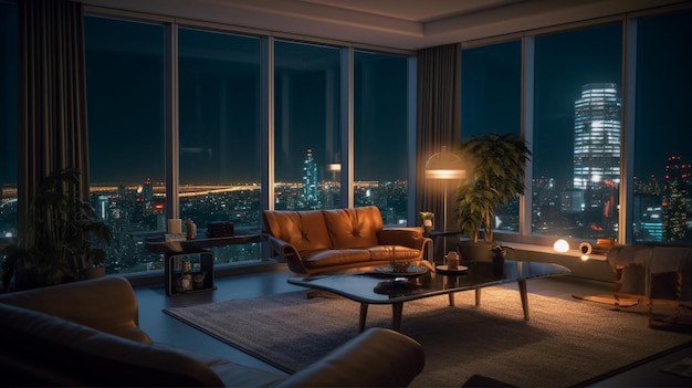 Una sala de estar con vistas a una ciudad de noche.