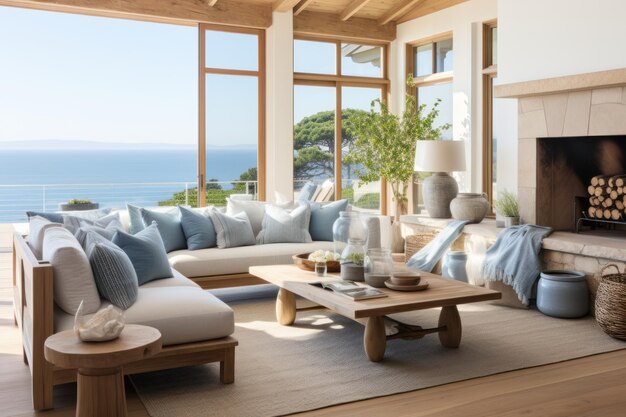 sala de estar con vistas a la playa decoraciones de madera natural y una combinación de colores de azul y blanco Generative Ai