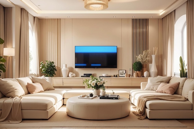 Sala de estar con zona de estar y zona de televisión en estilo clásico moderno en color beige con nicho de televisión