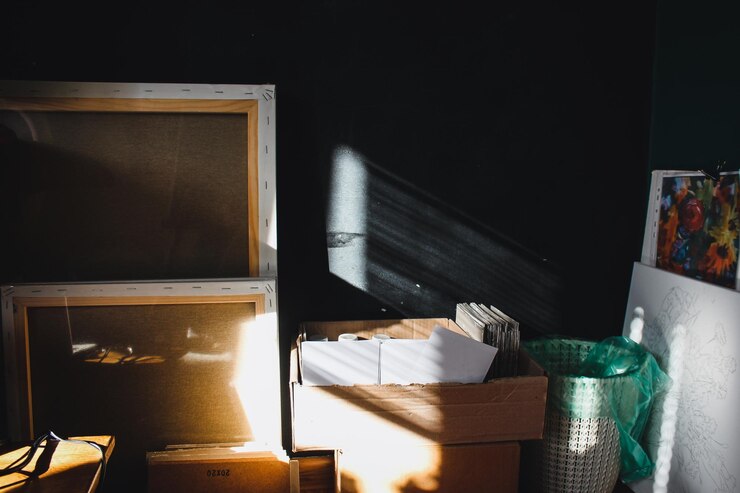 Sala de estudio del artista Lienzos y cajas con pintura sobre el fondo de una pared negra