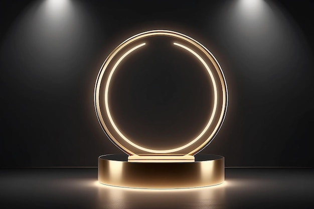 Sala de estudio realista en 3D de lujo de estilo minimalista soporte de podio metálico dorado brillante con vidrio transparente circular y efecto de iluminación en fondo oscuro