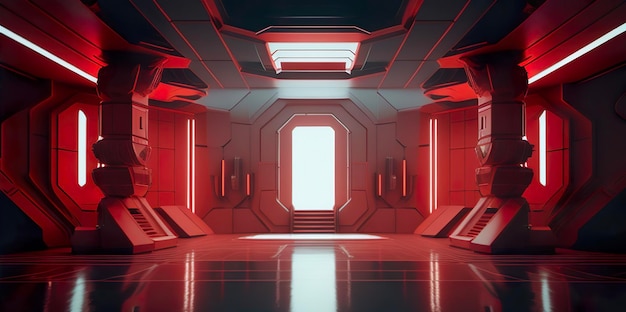 Sala de estudio roja clara vacía Sala de gran salón de ciencia ficción futurista con fondo de futuro de luces rojas para el diseño