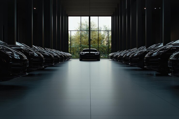 Sala de exhibición de automóviles moderna con una amplia zona de estacionamiento