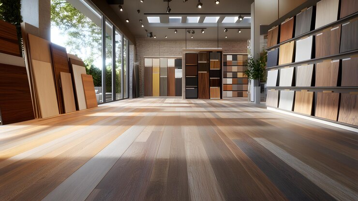 Sala de exhibición de diseño de interiores con varias muestras de pisos de madera
