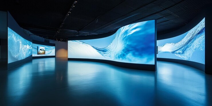 sala de exposiciones inmersiva Tres gabinetes de exhibición en forma de onda colocados horizontalmente en la parte trasera central con solo una pantalla grande en la pared trasera