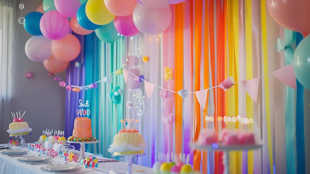 Una sala de fiestas bellamente decorada con un arco iris de rayas y globos hay una larga mesa con un pastel y otra comida en ella