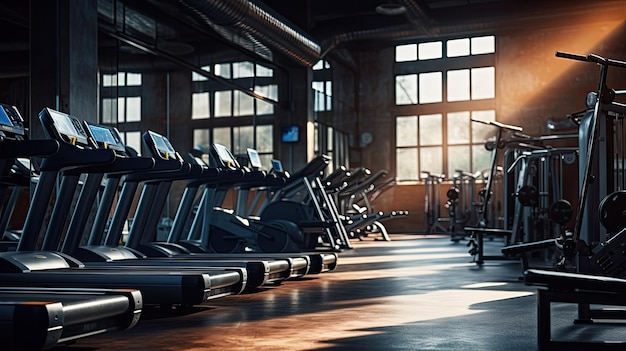 Sala de fitness con bicicletas deportivas y cinta de correr en concepto de salud