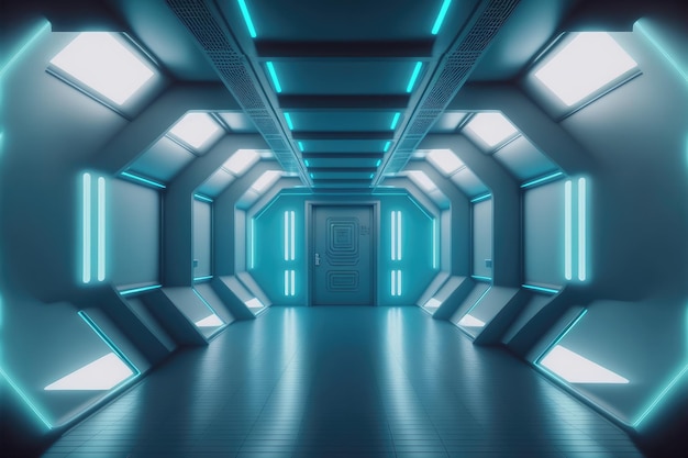 Sala futurista de ciencia ficción vacía de nave espacial con decoración de luz azul