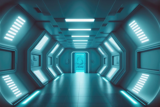 Sala futurista de ciencia ficción vacía de nave espacial con decoración de luz azul