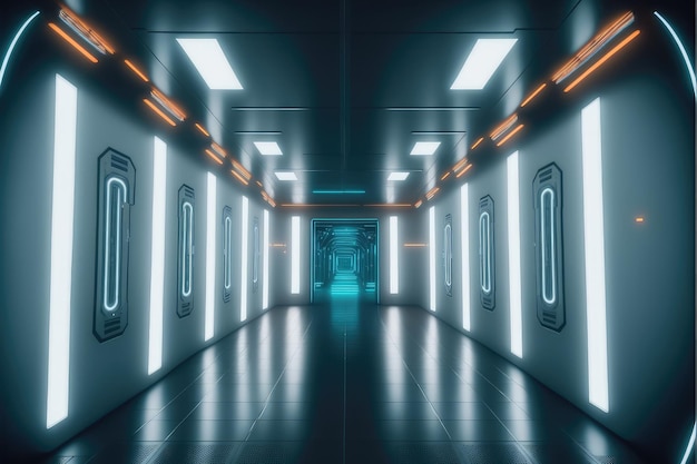 Sala futurista de ciencia ficción vacía de nave espacial con decoración de luz azul