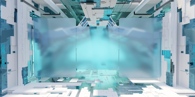 Sala futurista de corredor de ficção científica Futuro moderno estilo de fundo conceito interior renderização em 3d